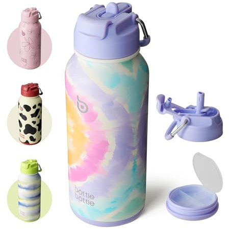 BOTTLE BOTTLE Borraccia termica con portapillole, bottiglia termica da 900 ml, borraccia sportiva in acciaio inox, per attività all'aperto, escursionismo (zucchero filato)