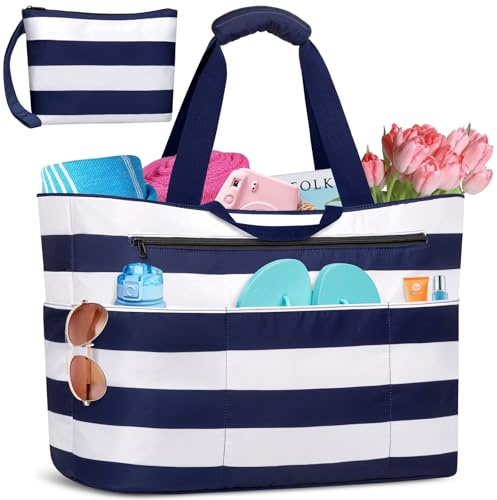 BTNEEU Bolsa de Playa Grande XXL con Cremallera Bolso Playa Familiar 50L Impermeable Bolso de Viaje Mujer Plegable Beach Tote Bag con 14 Bolsillos Shopper para Piscina Picnic Gimnasio (Azul Rayas)