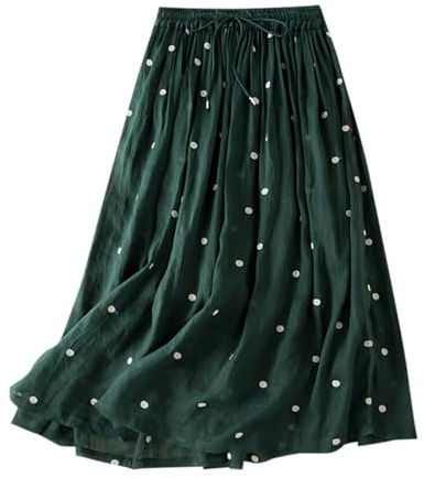 2025 Jupe mi-longue Jupe plissée rétro Taille élastique Arge Coton Lin Ourlet Jupe longue pour femmes Vintage Bretelles, vert, XL