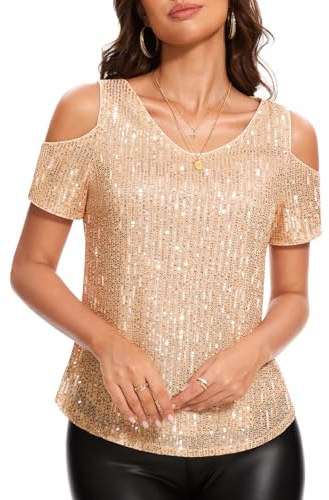 DRESSTELLS Sequin Tops for Women Sparkly V-Neck Short Sleeve Vest Glitter Concert Shirt Shimmer Sparkle Cocktail Party Shirts Fall Champagne XL