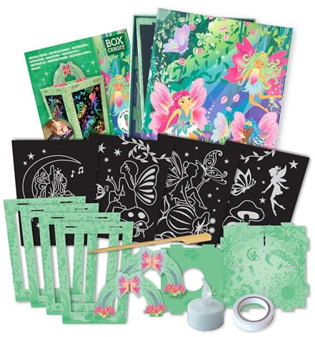 BOX CANDIY Scratch Art Lantern Craft Kit for Kids – Fairy Theme, LED Candle | 4 PVC picture sheets, wooden stick, 3D lantern build with 9 cardboard pieces, double-sided tape