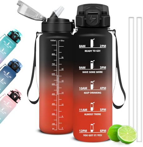 Mujigaga Borraccia 1 Litro, Borraccia Palestra con Cannuccia e Orari per Bere, Bottiglia Sportiva Motivazionale, Borracce a Prova Di Perdite per Palestra, Scuola, Yoga