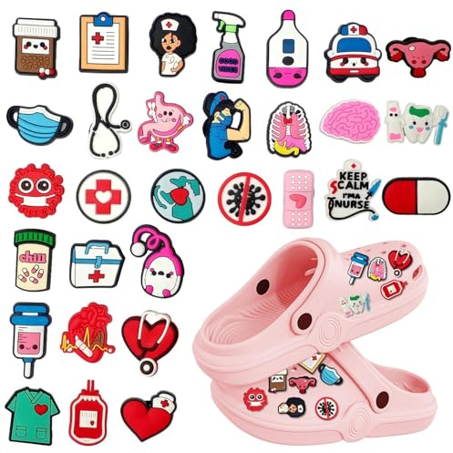 Funver 30Pcs Adornos para Zapatos, Alfileres de Enfermera, Adornos de PVC para Zapatos, Accesorios para Enfermeras, Accesorios para Zapatos de Auxiliar de Enfermería