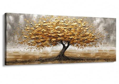 Lupia - Quadro moderno Canvas World TREE LEAVES GOLD 52x122 cm, Stampa su Tela effetto Pennellate tridimensionale, Albero della Vita, Telaio in Legno, soggiorno capezzale camera da letto ufficio