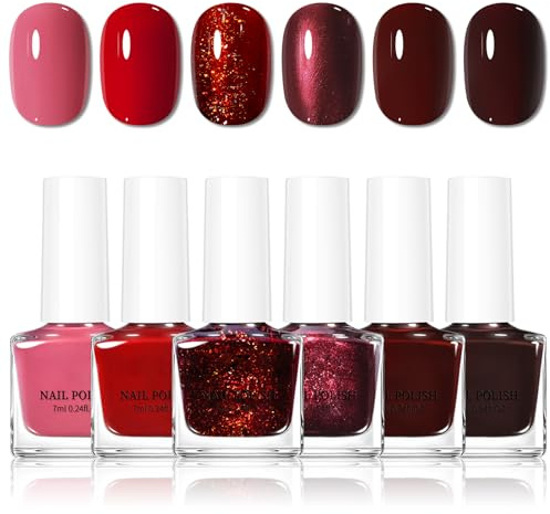 6PCS Red Nail Varnish Set - Burgundy Nail Polish Sets - No Bake Quick Dry nail Varnish - 60 Seconds Pink & Dark Red Glitter Pearl Nail polish Multipack Long Lasting for Women Gift Holiday DIY Manicure
