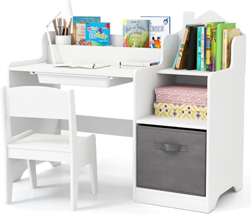 COSTWAY Skrivbord Barnskrivbord med Stol, Låda, Öppna Hyllor och Tygbehållare, Skolskrivbord Trä i Husform, Ungdomsskrivbord för Barn från 3 år Vit
