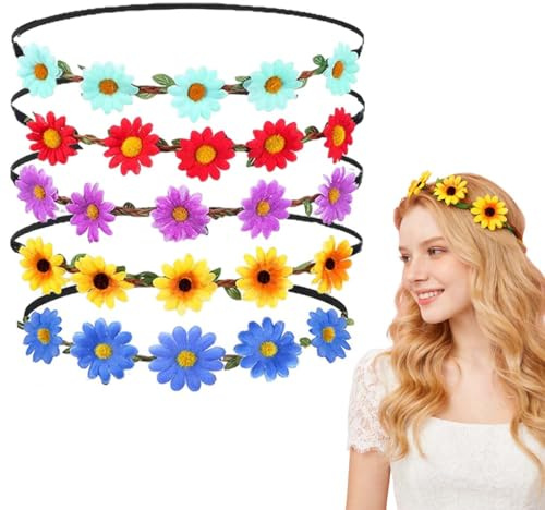 LKJAUOZ 5 Piezas Corona de Flores Bohemia Diademas de Flores para Mujeres Multicolor Tocados para el Cabello de Guirnalda Bandas guirnalda elástica para mujer y niña, ideal para festival y boda