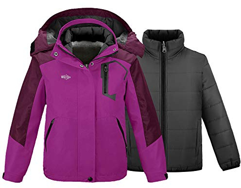 wantdo Big Girl's 3 in 1 Ski Jacket Snow Warm Winter Coat Waterproof Interchange Coat Purple 10-12