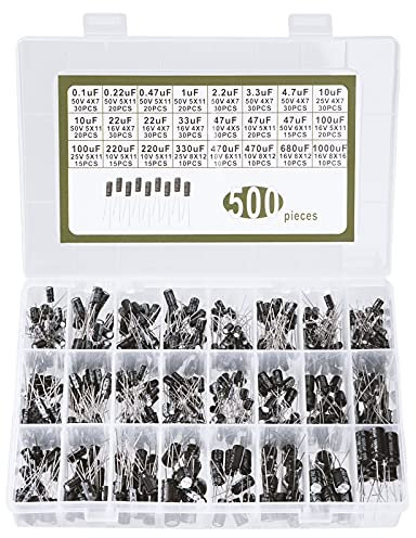 Condensateurs Électrolytiques 10V 16V 25V 50V Capacité 0.1uF à 1000uF Électrolyte Aluminium Assortiment Kit avec Boîte de Rangement 24 Valeurs 500 Pièces