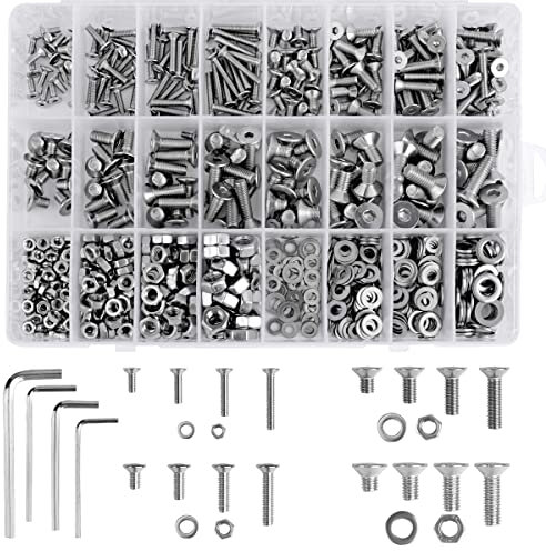 Loscrew M3 M4 M5 M6(Total 830Pcs) Hex Socket Flat Head Screw 304 Stainless Steel Hexagonal Machine Screws,16 Kinds of Size Countersunk Screws Nuts and Bolts Assortment Set+Wrenches(4pcs)