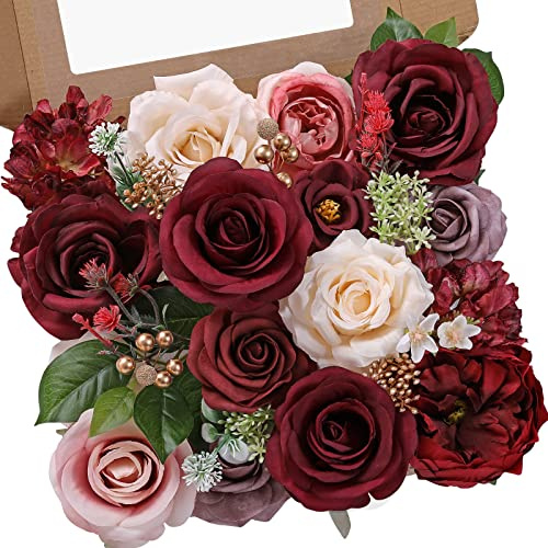 Serwalin Artificial Flowers Combo Box Set Burgundy Champagne Fake Flowers Cake Flowers with Stems for DIY Wedding Bouquets Centerpieces Flower Arrangements Party Home Decor, Valentines Rose Flower