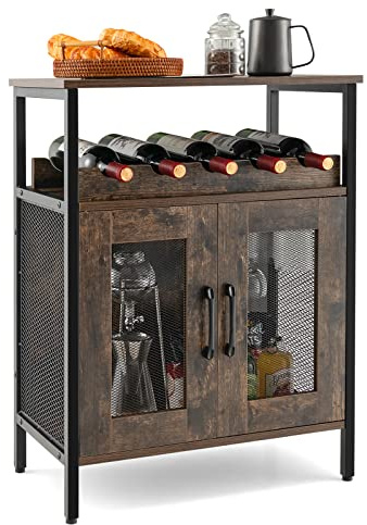 COSTWAY Armario Bar de Vinos, Armario para Licores en Casa con Estante Extraíble para Vinos y Portavasos, Armario Bar de Café con Almacenaje, Aparador Industrial con Puertas para Cocina (Café)