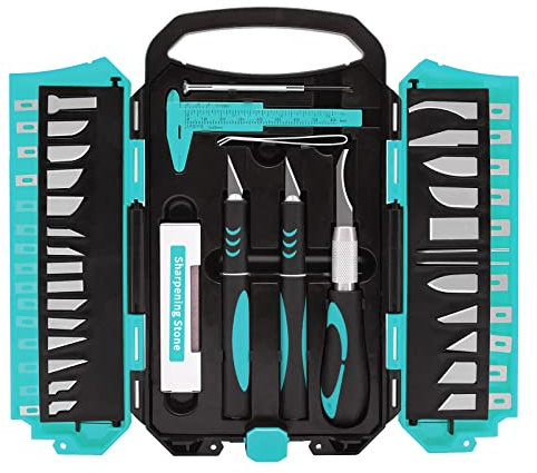 MANUFORE 34 Stück Skalpell Set Blau mit 3 Bastelmesser,25 Ersatzklingen, 2 Nadeln,1 Präzisionsschraubendreher, Pinzette,Schärfstein und Messschieber,Carving Craft Messer Set für Scrapbooking, DIY