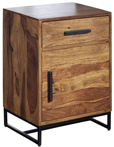 FineBuy Nachttisch Sheesham Massivholz/Metall 45x35x65 cm Nachtschrank Boxspringbett, Design Nachtkonsole mit Schublade und Tür, Nachtkommode Industrial mit Stauraum