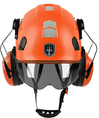 GREEN DEVIL Schutzhelm Arbeitshelm mit klarem Visier und Gehörschutz Ohrenschützer Einstellbarer ABS Sicherheitshelm Belüfteter Bauhelm mit en 397 Industriehelm (Smoke Visor Orange)