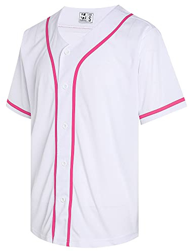 Pullonsy Blank White Baseball Jersey for Men Women Adult Hip Hop Full Button Down Shirts Party Gift Tops Hot Pink Stripe-White Jersey,Men Size Small