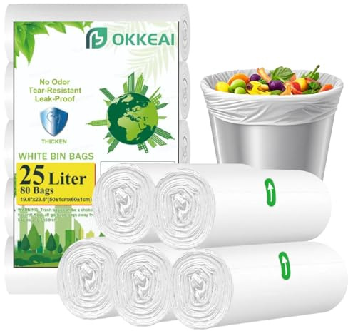 OKKEAI Pedal Bin Liners 25 Liter White Bin Bags Kitchen Trash Bags Rubbish Bags 80 Counts Strong Pedal Waste Bags Fit 20-30 Liter Garbage Bin