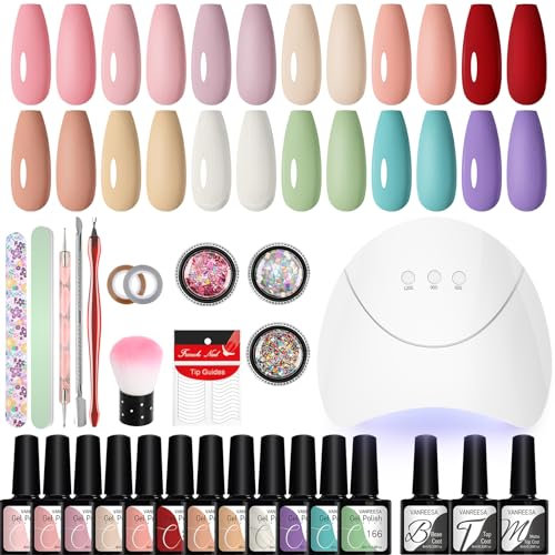 VANREESA Kit Uñas Semipermanentes 12 Colores Uñas Semipermanentes Kit Completo con Lámpara de Uñas U V 36W Set Manicura Semipermanente con Mate Top Base Coat