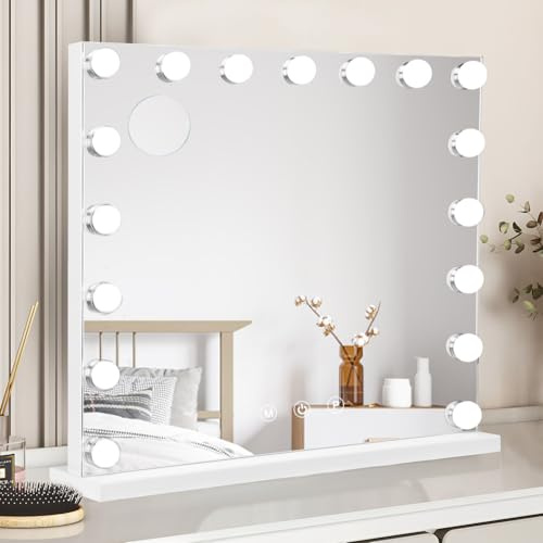Ruication Hollywood Espejo de Tocador con Luces, 60×52cm Espejo de Maquillaje Grande Iluminado con 17 Bombillas Regulables, 3 Modos de Color, Control de Pantalla Táctil, Espejo Cosmético de Mesa o