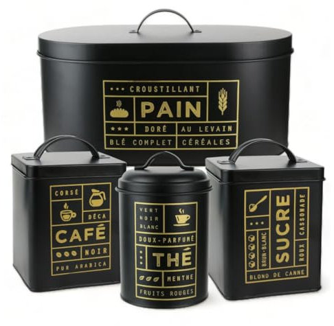 PZL CONCEPT Ensemble de 4 Boîtes Métal Black Mat - Récipient pour Pain, Thé, Café et Sucre - Conservation, Rangement et Stockage - Organisation et Rangement Pratique de votre Cuisine