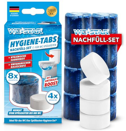 WC-Star Nachfüll-Set für Sauberkeit und Frische vom Spülkasten bis ins WC | 8 blaue Aktiv-Frische-Tabs und 4 Anti-Kalk-Boost Steine | Frische und Reinheit ohne blockierte Wasserzuläufe