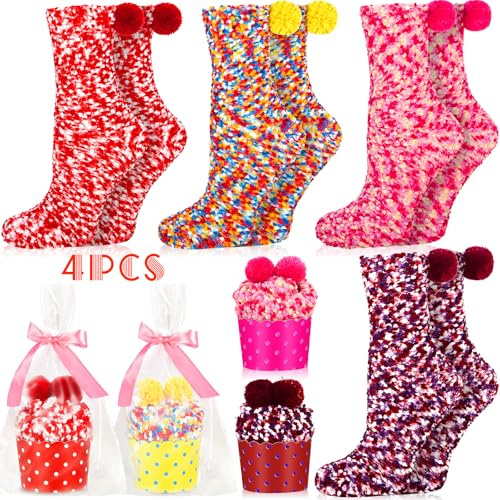 MTINRNI 4 Pezzi Divertenti Calzini per Torta, Donna Inverno Calze Termiche Natalizie, Vari Colori, Regalo Natalizio per Figlie, Fidanzate, Sorelle, Mamme (36-42)