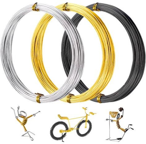 Bieiyhe 3 Stück Draht Zum Basteln 10m,Schmuckdraht Silber,Deko Draht für Laterne Gold,Draht Floristikbedarf,Aluminiumdraht für Perlentiere,Blumendraht,Wickeldraht Schwarz für Diy-Skulpturen