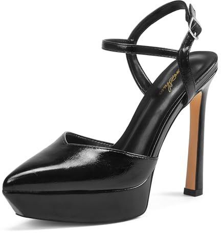 GENSHUO - Décolleté con tacco alto e piattaforma per donna, con cinturino alla caviglia, sandali con tacco a spillo, eleganti e con punta aperta, Nero , 42 EU