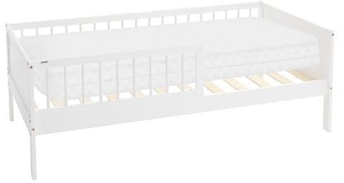 ML-Design Kinderbett 80x160 cm mit Matratze, Weiß, Einzelbett für Kinder mit Lattenrost und Rausfallschutz, Jugendbett aus Kiefernholz, Holzbett, Bettgestell für Jungen & Mädchen, Massivholz Babybett