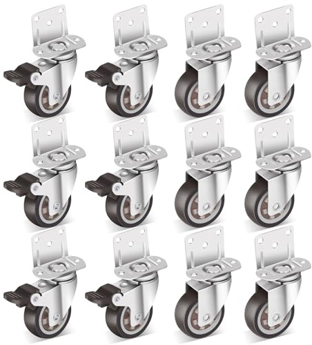 Nefish 2 Inch Side Mount Casters Wheels 12 Pack, L-Shaped Rubber Casters Wheels for Furniture, Plate Castors 2 X 4, Durable Heavy Duty Castor Wheels for Cabinet, Boxes, DIY, Desk, Table, Crib