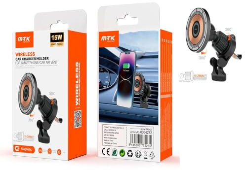 Hållare - Magnetisk billaddare för smartphone, QI 15 W trådlös laddning, 360 graders rotation, svart färg, hållbart material.