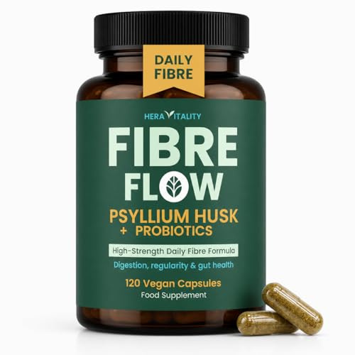 Psyllium Husk Fibre Supplement 5000mg + Probiotics – High Strength Digestive Gut & Regularity Support – 120 Vegan Fiber Capsules, UK Made – HERA Vitality