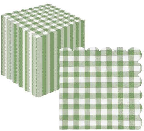 Uwiyo 100 servilletas festoneadas de 3 capas, 25 x 25 cm, color verde salvia, Servilletas de papel a cuadros vichy. Servilletas desechables para cóctel, bodas, cumpleaños y cenas (Cuadros Verdes)