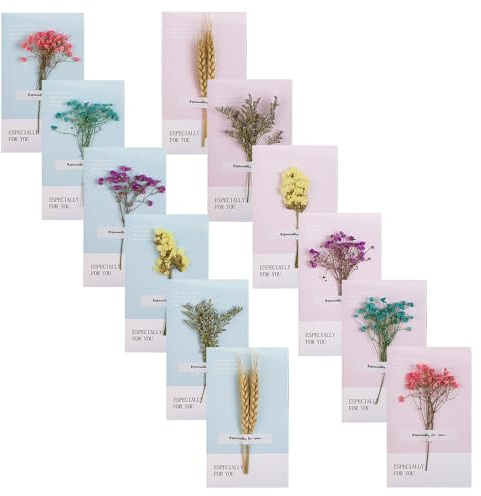 CZAKOMIX 12 Pièces Cartes de Vœux de Fleurs Séchées DIY, Carte de Voeux Fleur Séchée, Fleurs Séchées Carte Postale pour Noël, Anniversaire, Saint-Valentin, Fête des Mères, Invitation(90x160mm)