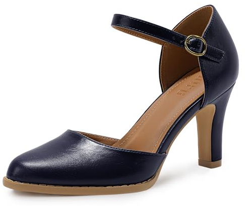 IDIFU Navy Blue Heels Closed Toe Chunky High Heels Comfortable Dress Shoes for Women Pumps Vintage Heels Dressy Wedding Prom Bridal Party Work Office Business D'Orsay Pumps Shoes (Navy Blue Pu, 8)
