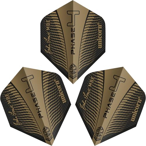 Unicorn Ultrafly John Lowe Phase 4 | Ailettes de fléchettes | Phase 4 Design Plume Or et Noir | Forme Standard Plus | Polyester Pet Durable 100 microns | Lot de 3