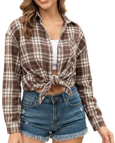 Generisch Camisa de franela para mujer estilo leñador - Camisa de manga larga a cuadros de algodón con botones | Blusa informal para un look otoñal relajado, Style_z01 Marrón, L