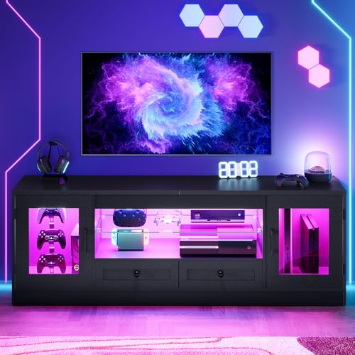 Concho Black TV Unit, TV Stand Cabinet with LED for Living Room | Suitable for up to 55'' TV, 2 Storage Cabinets for PS5, 2 Drawers, Adjustable Shelves, Easy Assembly,148*32*50.5cm