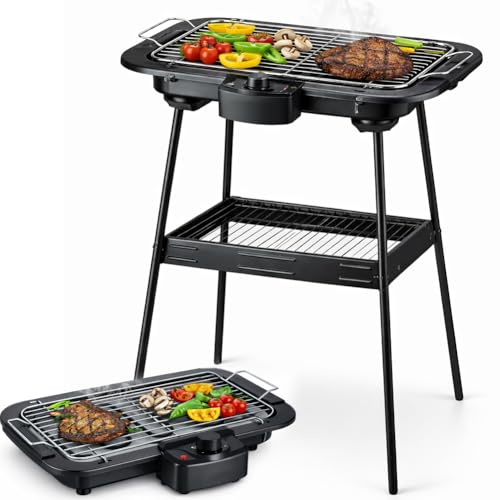 BAKAJI Barbecue Elettrico 2 in 1 2000W di Potenza, Grill da Tavolo e Stand Piedistallo, BBQ Facile da Usare con Manopola per Controllo della Temperatura e Griglia Removibile, Ideale Esterni ed Interni
