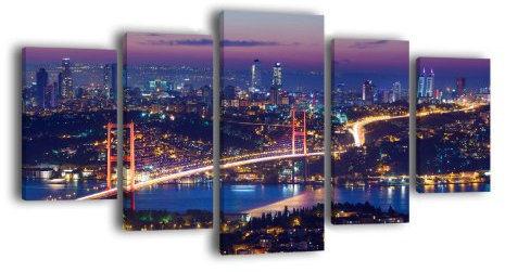 Leinwandbild Istanbul bei Nacht LW309 Wandbild, Bild auf Leinwand, 5 Teile, 210 x 100 cm, Kunstdruck Canvas, XXL Bilder, Keilrahmenbild, fertig aufgespannt, Bild, Holzrahmen, Nacht, Skyline, Türkei