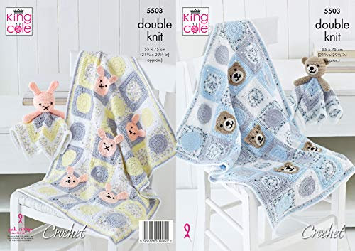 King Cole 5503 Crochet Pattern Babies Teddy and Bunny Blankets and Comforter Toys in Cherished DK