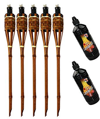 5x Bambusfackeln Fackel Deluxe 90 cm dunkelbraun + 2x 1000ml Lampenöl Gartenfackel Ölfackeln Garten Deko Öllampe Wegleuchte