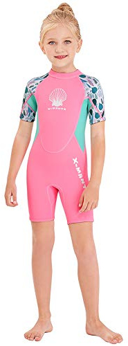 Wetsuit Kids Shorty Neoprene Thermal Diving Swimsuit 2.5MM for Girls Boys Child Teen Youth Toddler, One Piece Children Rash Guard Swimming Suit UV Protection Sunsuit for Surfing (Girl Pink, S)
