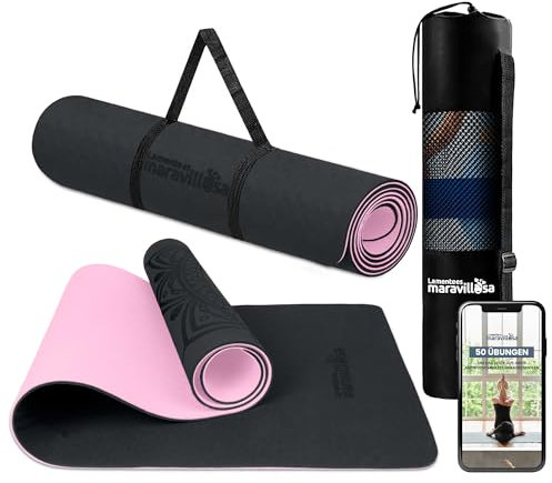 LA MENTE ES MARAVILLOSA - Gymnastikmatte, Rutschfest Yogamatte inkl. Tragegurt + Tasche + Übungs-E-Book, Gepolstert, Hautfreundliches TPE für Fitness/Pilates/Workout 183x61 cm (Mandala, Schwarz/Rosa)