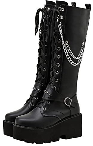 Parisuit Women's Knee High Goth Platform Buckle Boots Chunky High Heel Lace Up Punk Combat Boots with Chain-black size 6