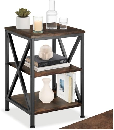 tectake® Mesa Auxiliar Salon con 3 Estantes, Mesitas de Noche, Muebles Salon, Mesa para Sofa, Mesita Auxiliar Pequeña, Decoracion Hogar - 40,5 x 40,5 x 60,5 cm Madera Industrial Oscura, Rústica