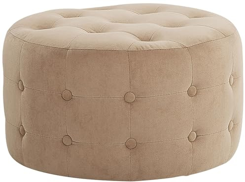 Beliani Pouf de Type Ottoman de Forme Ronde Clouté Style Chesterfield en Velours Synthétique Beige Sable de 30 cm de Hauteur