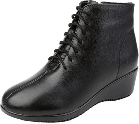 Jamron Donna Moda Vera Pelle Tacco a Zeppa Stivali con Lacci Invernali Stivaletti con Fodera Calda in Peluche Nero Peluche EU38