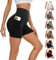 AMIYOYO Kurze Sporthose Damen mit Handytasche High Waist Radlerhose Blickdicht Sport Shorts Kurze Leggings Bauchweg Unterhosen Yoga Gym für Sommer(A-Schwarz,L-XL=DE42-48)