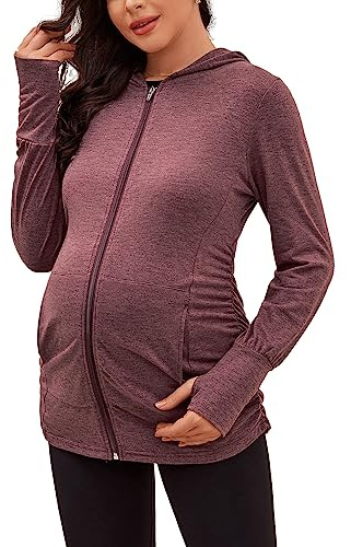 DEBELLY Maternity Sweatshirts Long Sleeve Full Zip Hoodie Casual Pregnancy Women Jacket Top with Pockets,Thumb Hole,Side Ruch, Burgundy, S